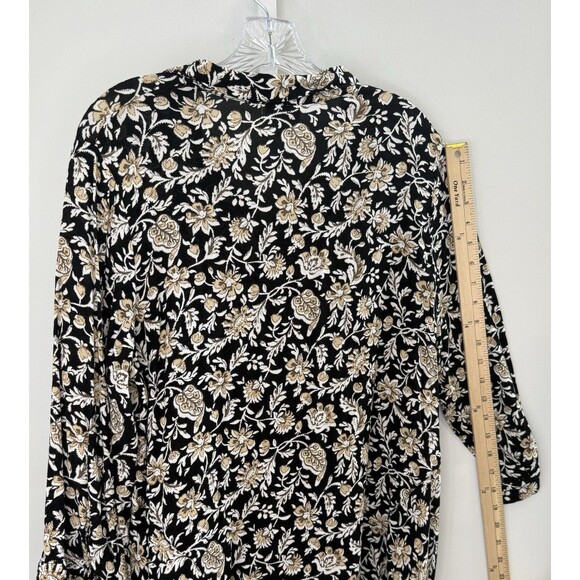 J. Jill Black Tan Floral Rayon Button Front Blouse L Boho Artsy Cottagecore - Picture 8 of 10